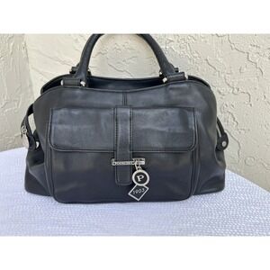 Pourchet Paris Black Leather Satchel Handbag Silver Hardware Red Lining